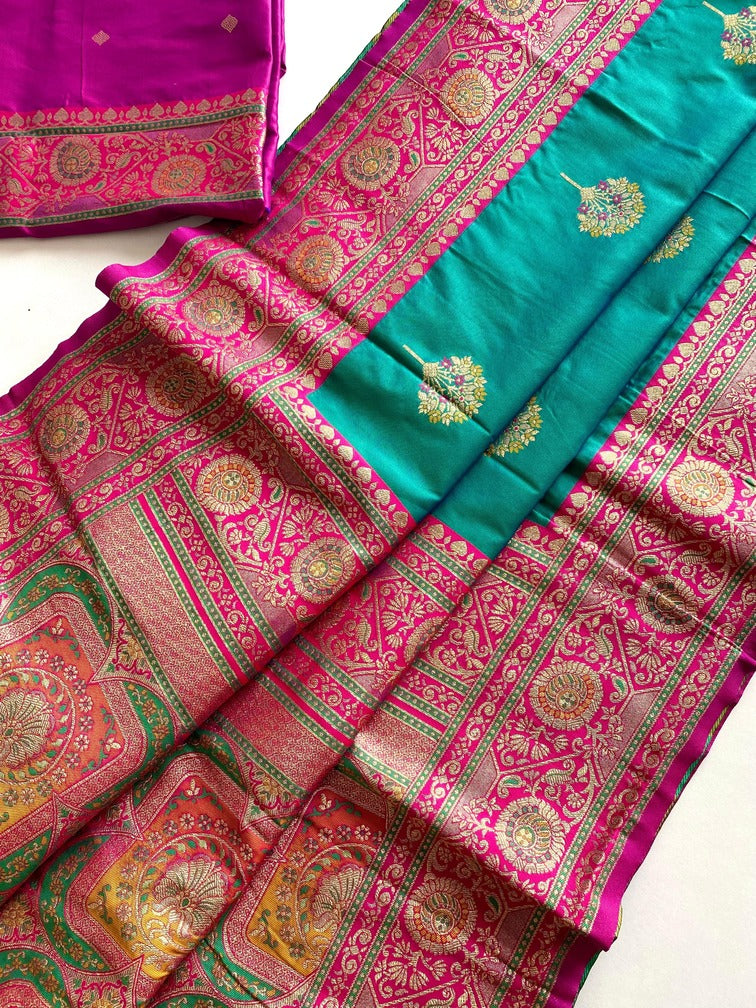 Scintillating Sea Green Soft Banarasi Silk Saree With Allure Blouse Piece