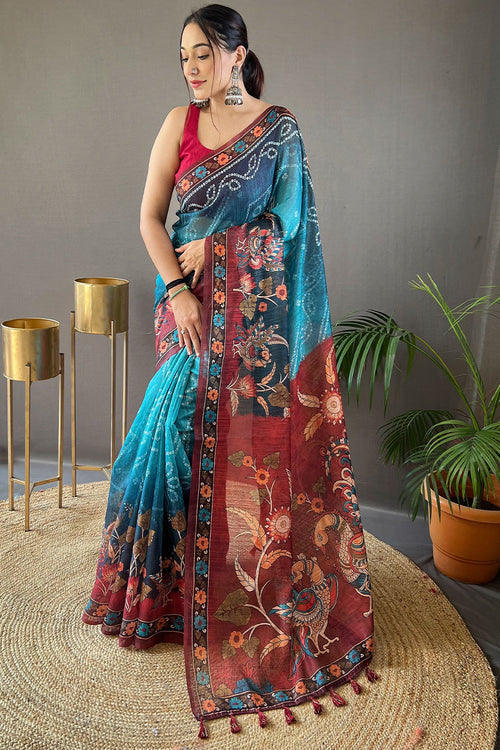 Load image into Gallery viewer, Admirable Blue Kalamkari Printed Saree With Lassitude Blouse Piece
