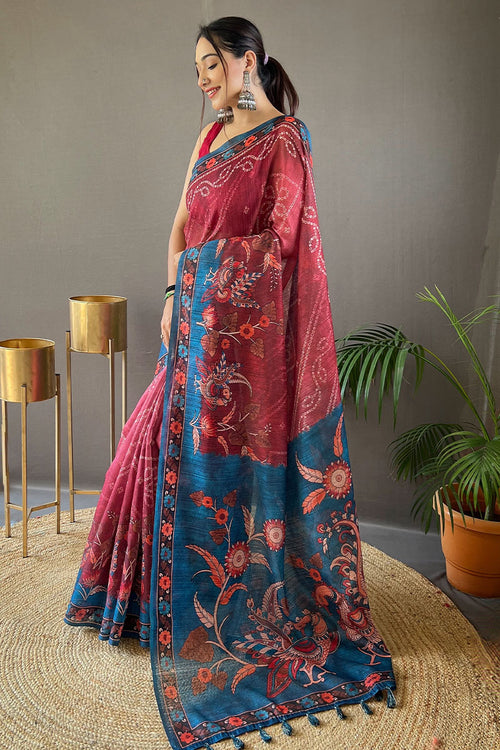 Load image into Gallery viewer, Quintessential Dark Pink Kalamkari Printed Saree With Snazzy Blouse Piece
