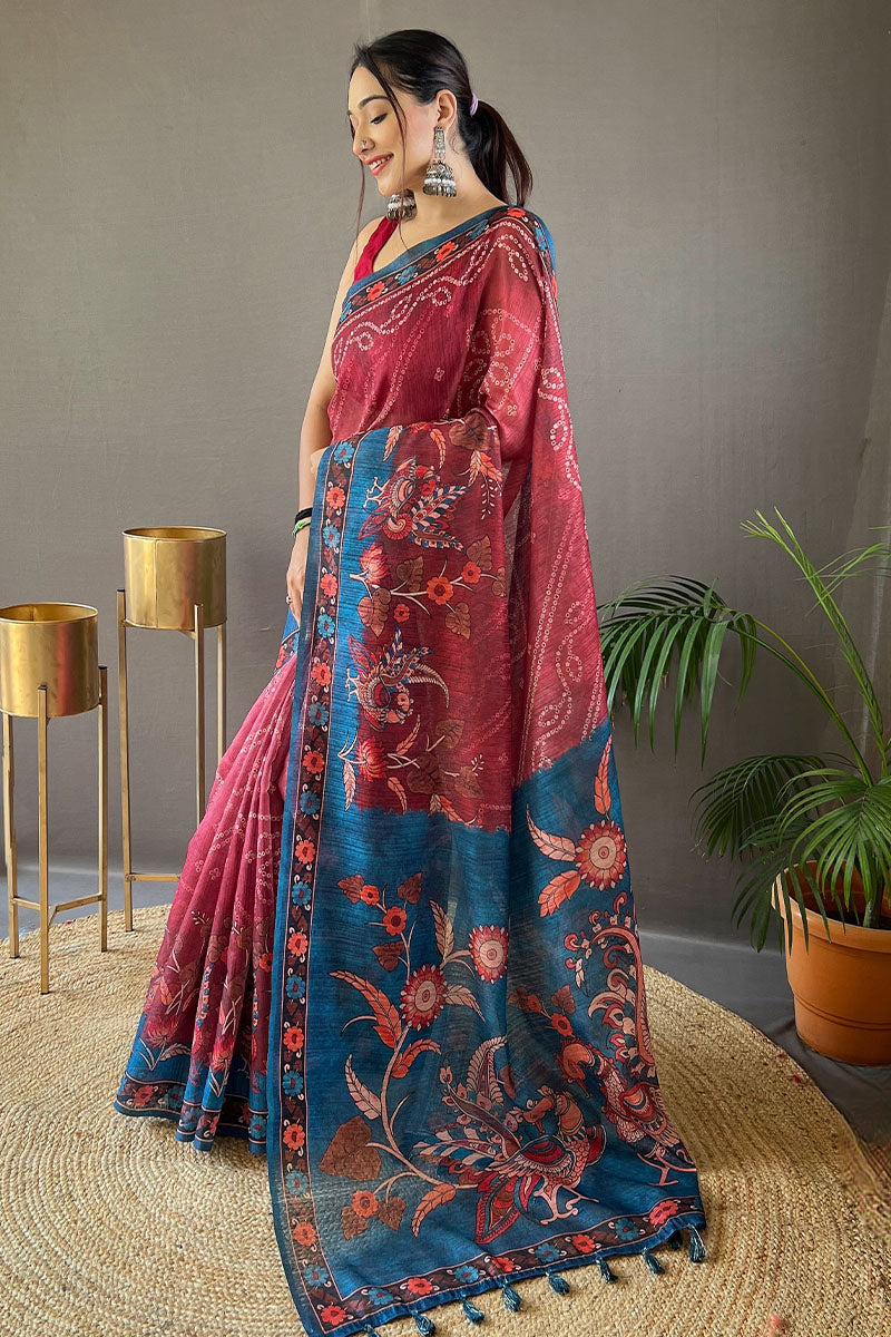 Quintessential Dark Pink Kalamkari Printed Saree With Snazzy Blouse Piece