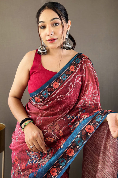 Load image into Gallery viewer, Quintessential Dark Pink Kalamkari Printed Saree With Snazzy Blouse Piece
