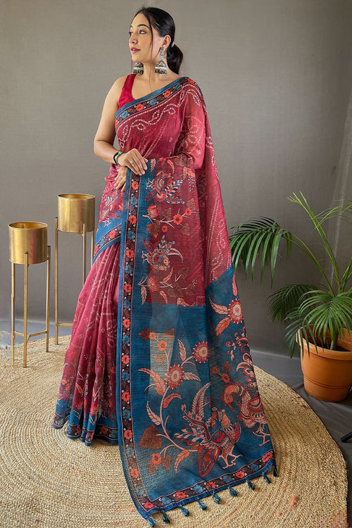 Load image into Gallery viewer, Quintessential Dark Pink Kalamkari Printed Saree With Snazzy Blouse Piece
