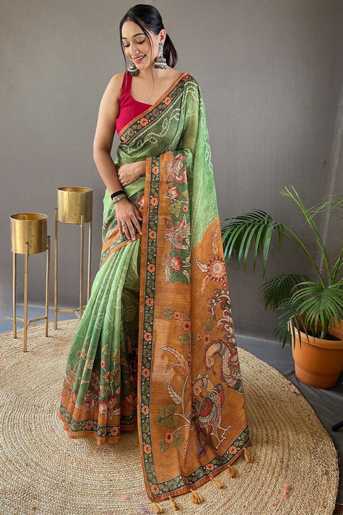 Load image into Gallery viewer, Exquisite Green Kalamkari Printed Saree With Artistic Blouse Piece
