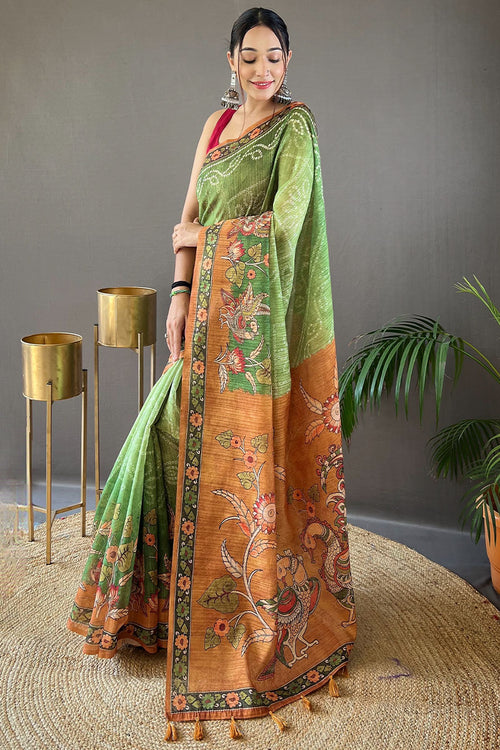 Load image into Gallery viewer, Exquisite Green Kalamkari Printed Saree With Artistic Blouse Piece
