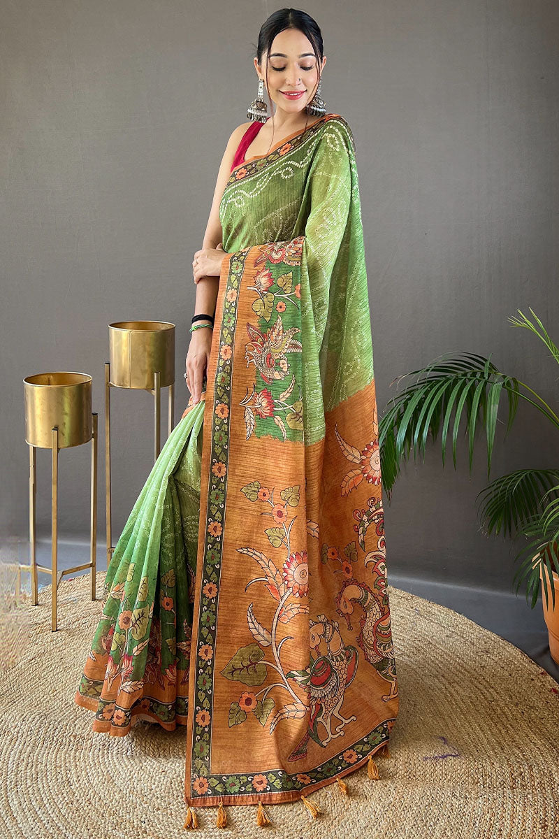 Exquisite Green Kalamkari Printed Saree With Artistic Blouse Piece