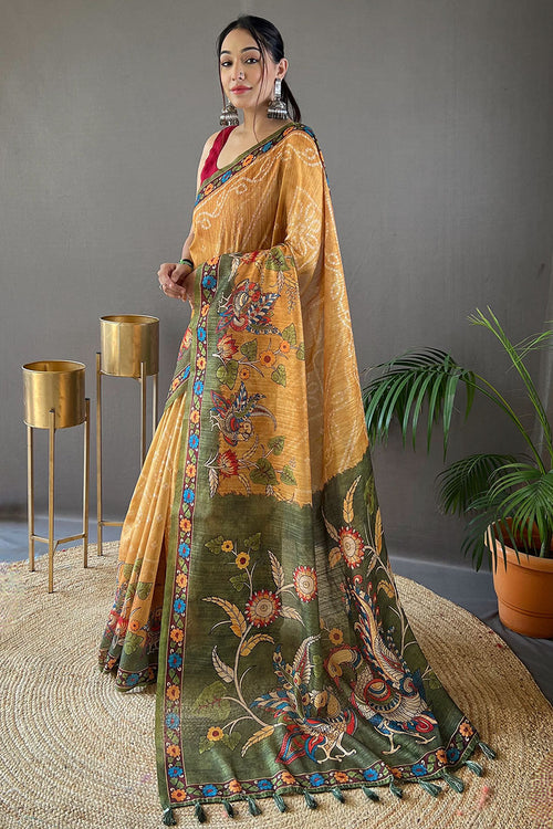 Load image into Gallery viewer, Magnetic Mustard Kalamkari Printed Saree With Epiphany Blouse Piece
