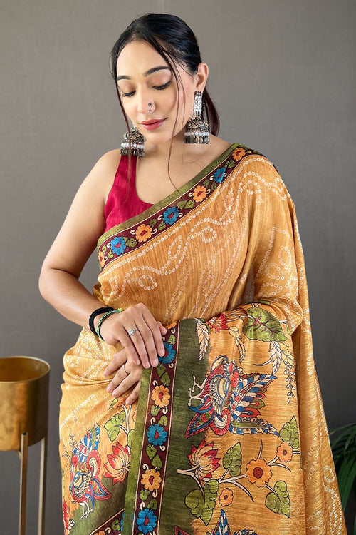 Load image into Gallery viewer, Magnetic Mustard Kalamkari Printed Saree With Epiphany Blouse Piece
