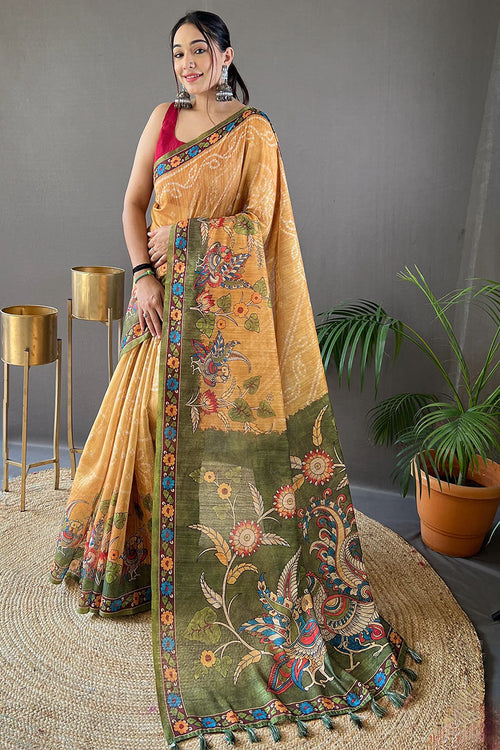 Load image into Gallery viewer, Magnetic Mustard Kalamkari Printed Saree With Epiphany Blouse Piece
