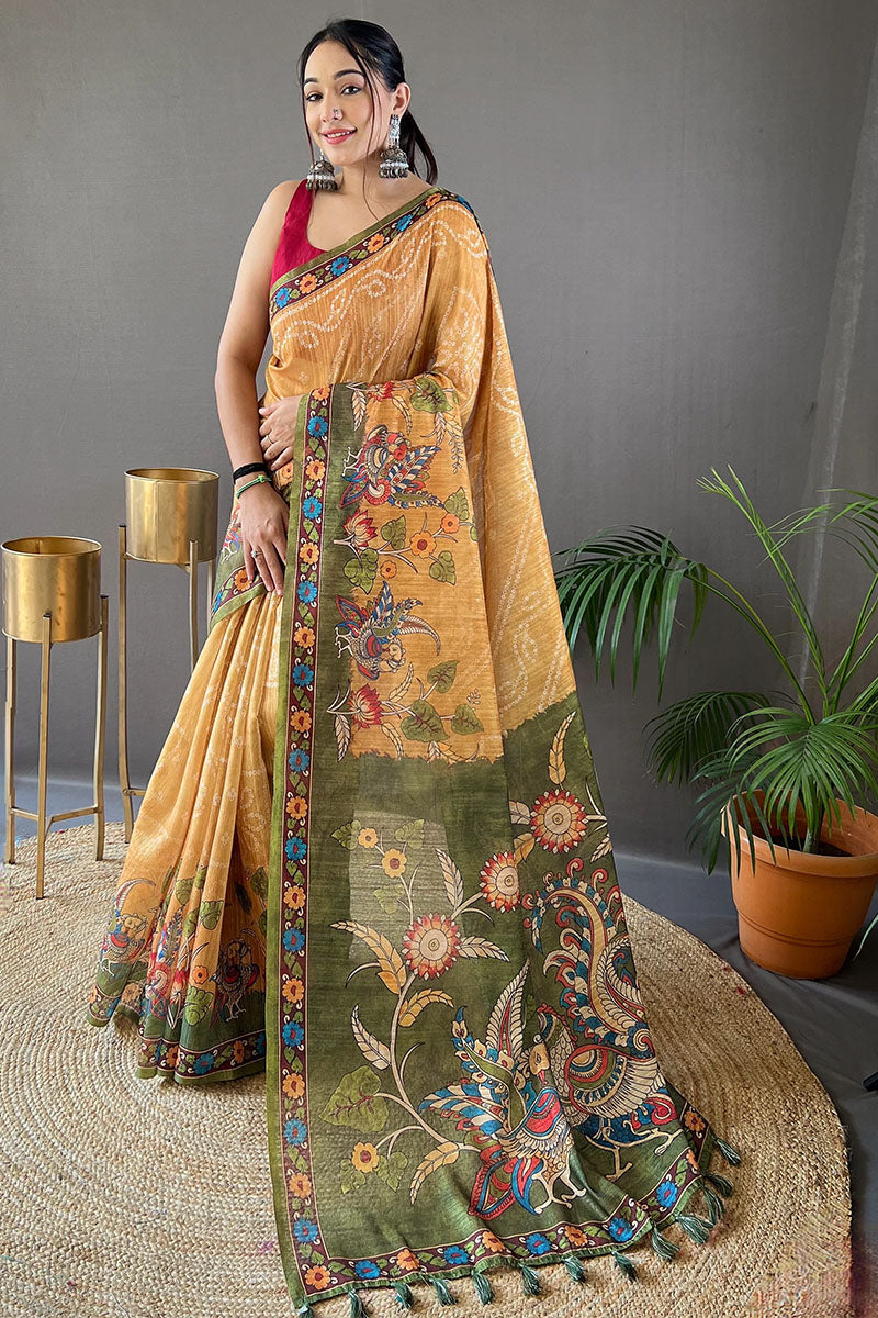 Magnetic Mustard Kalamkari Printed Saree With Epiphany Blouse Piece