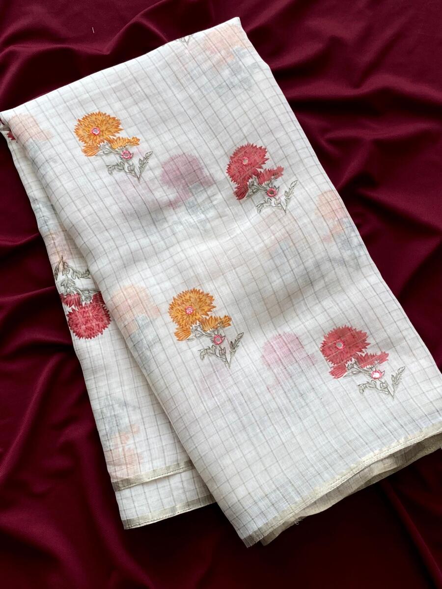 Symmetrical Off White Printed Linen Silk Saree With Luxuriant Blouse Piece