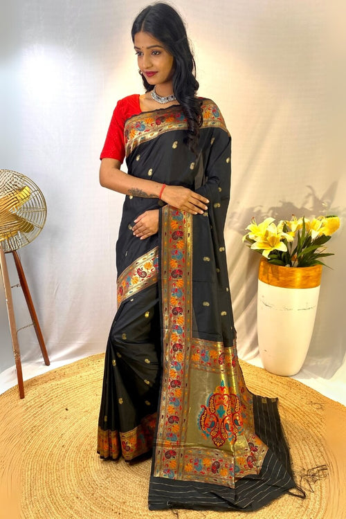 Load image into Gallery viewer, Unique Black Paithani Silk Saree With Smart Blouse Piece
