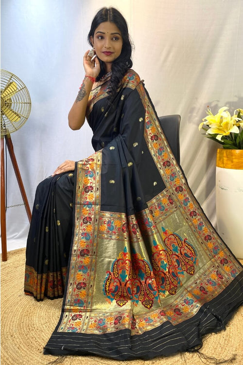 Load image into Gallery viewer, Unique Black Paithani Silk Saree With Smart Blouse Piece
