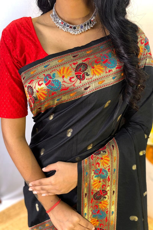 Load image into Gallery viewer, Unique Black Paithani Silk Saree With Smart Blouse Piece
