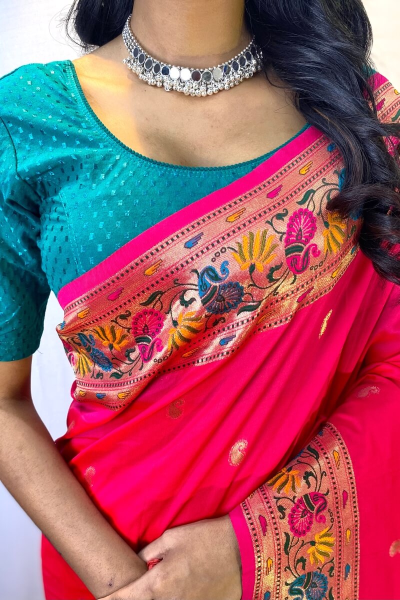 Engrossing Dark Pink Paithani Silk Saree With Pleasant Blouse Piece