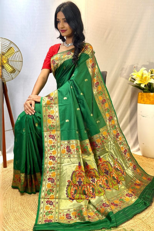 Load image into Gallery viewer, Fairytale Green Paithani Silk Saree With Excellent Blouse Piece
