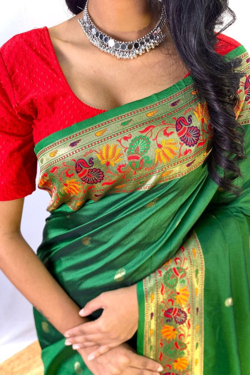 Load image into Gallery viewer, Fairytale Green Paithani Silk Saree With Excellent Blouse Piece
