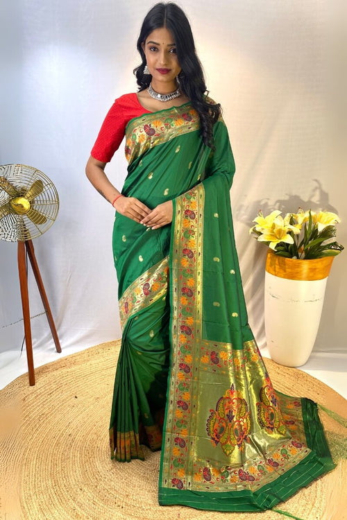 Load image into Gallery viewer, Fairytale Green Paithani Silk Saree With Excellent Blouse Piece
