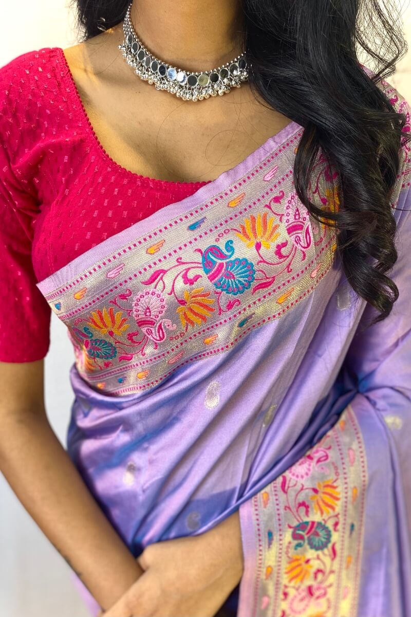 Demesne Lavender Paithani Silk Saree With Embrocation Blouse Piece