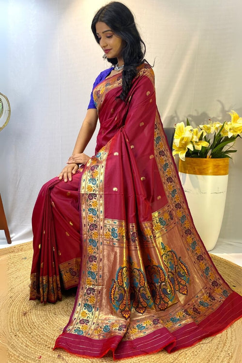 Load image into Gallery viewer, Mellifluous Maroon Paithani Silk Saree With Sumptuous Blouse Piece
