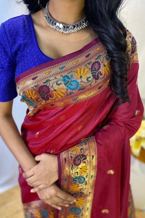 Load image into Gallery viewer, Mellifluous Maroon Paithani Silk Saree With Sumptuous Blouse Piece
