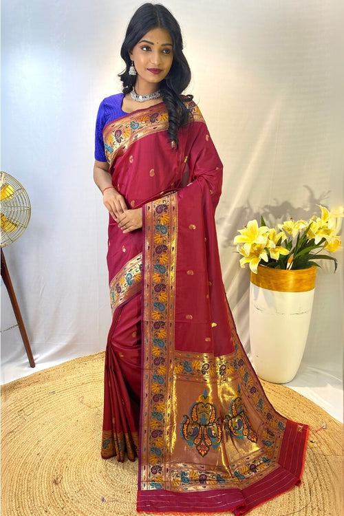 Load image into Gallery viewer, Mellifluous Maroon Paithani Silk Saree With Sumptuous Blouse Piece
