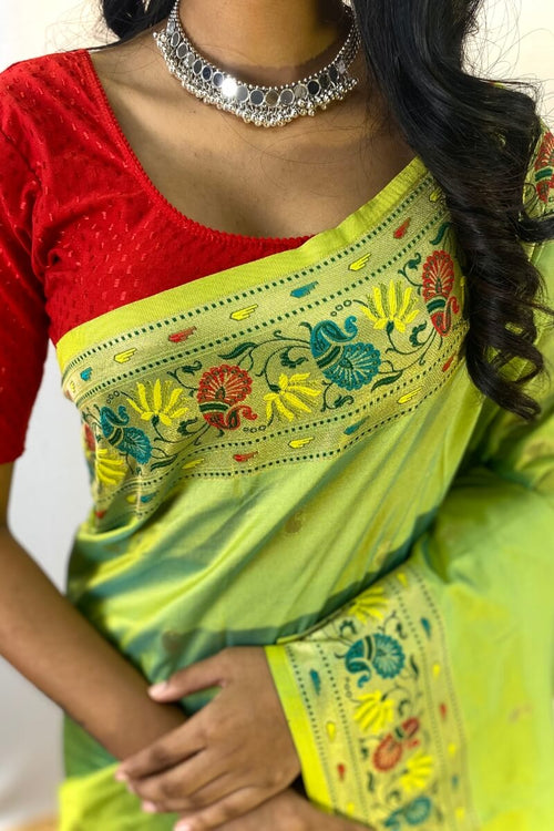 Load image into Gallery viewer, Scrumptious Parrot Paithani Silk Saree With Proficient Blouse Piece
