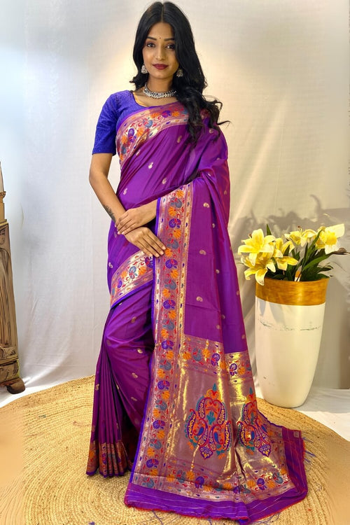 Load image into Gallery viewer, Enamoring Purple Paithani Silk Saree With Rhapsody Blouse Piece
