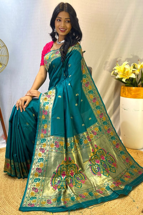 Load image into Gallery viewer, Ethereal Rama Paithani Silk Saree With Nebula Blouse Piece
