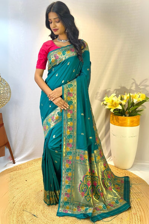 Load image into Gallery viewer, Ethereal Rama Paithani Silk Saree With Nebula Blouse Piece
