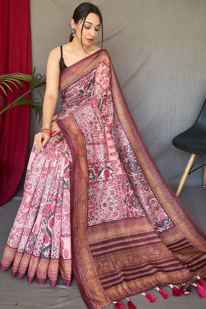 Unique Baby Pink Digital Printed Cotton Silk Saree With Charming Blouse Piece