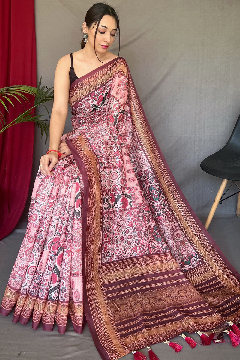 Unique Baby Pink Digital Printed Cotton Silk Saree With Charming Blouse Piece