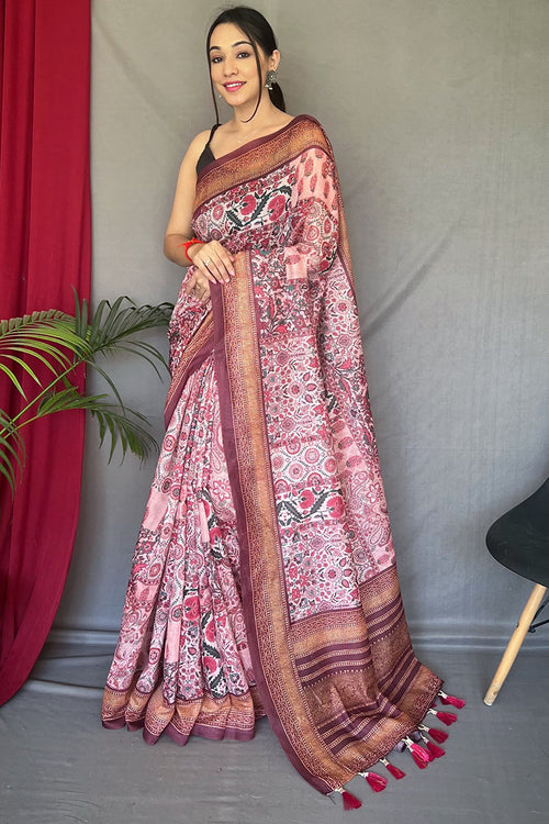 Load image into Gallery viewer, Unique Baby Pink Digital Printed Cotton Silk Saree With Charming Blouse Piece
