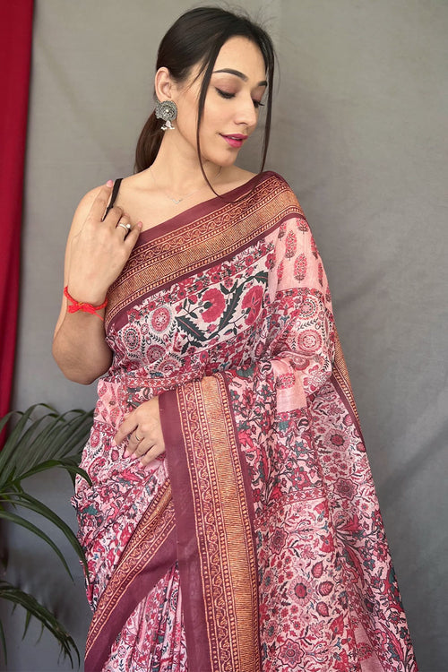 Load image into Gallery viewer, Unique Baby Pink Digital Printed Cotton Silk Saree With Charming Blouse Piece
