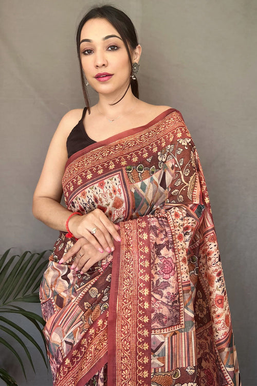 Load image into Gallery viewer, Hypnotic Brown Digital Printed Cotton Silk Saree With Radiant Blouse Piece
