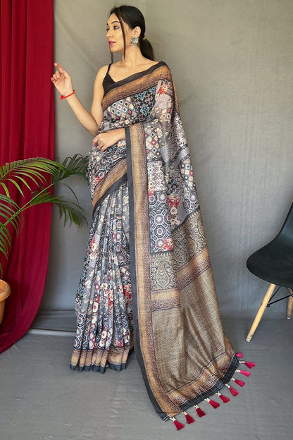 Delightful Grey Digital Printed Cotton Silk Saree With Classic Blouse Piece