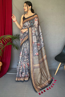 Delightful Grey Digital Printed Cotton Silk Saree With Classic Blouse Piece