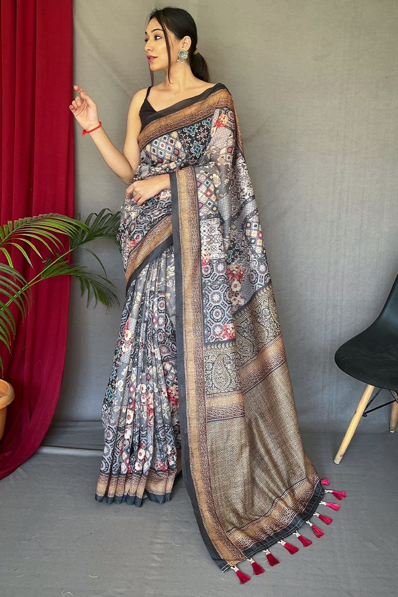 Delightful Grey Digital Printed Cotton Silk Saree With Classic Blouse Piece