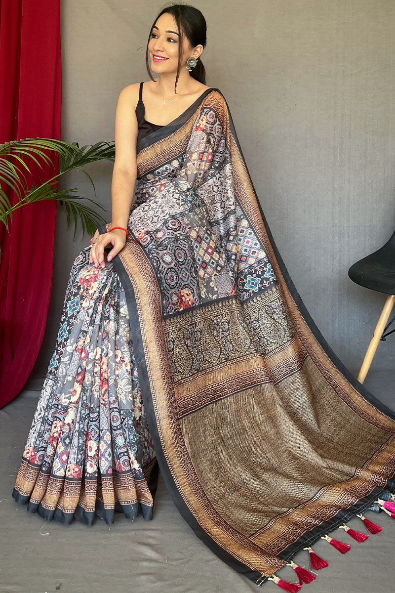 Delightful Grey Digital Printed Cotton Silk Saree With Classic Blouse Piece