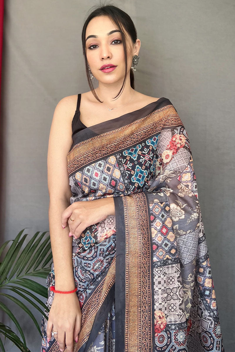 Delightful Grey Digital Printed Cotton Silk Saree With Classic Blouse Piece