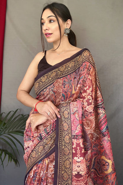 Comely Pink Digital Printed Cotton Silk Saree With Conflate Blouse Piece