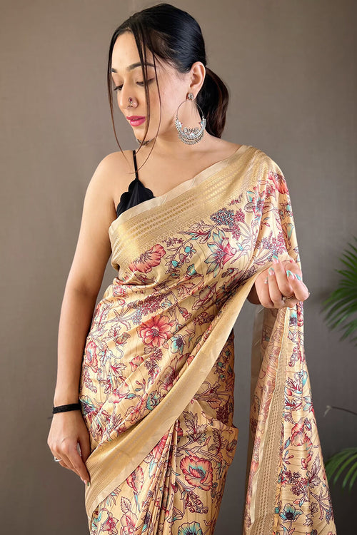 Load image into Gallery viewer, Desuetude Beige Digital Printed Soft Silk Saree With Angelic Blouse Piece
