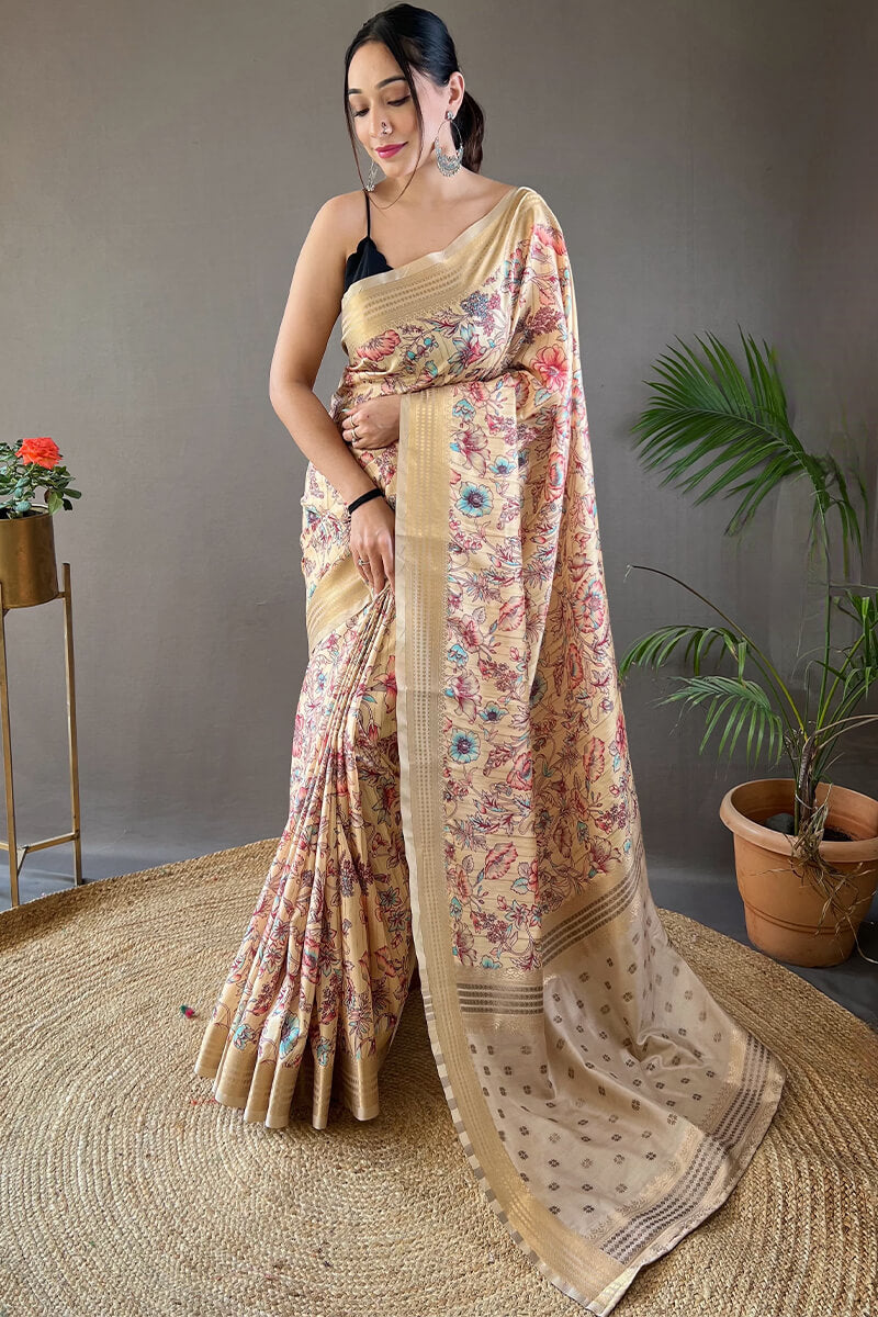 Desuetude Beige Digital Printed Soft Silk Saree With Angelic Blouse Piece