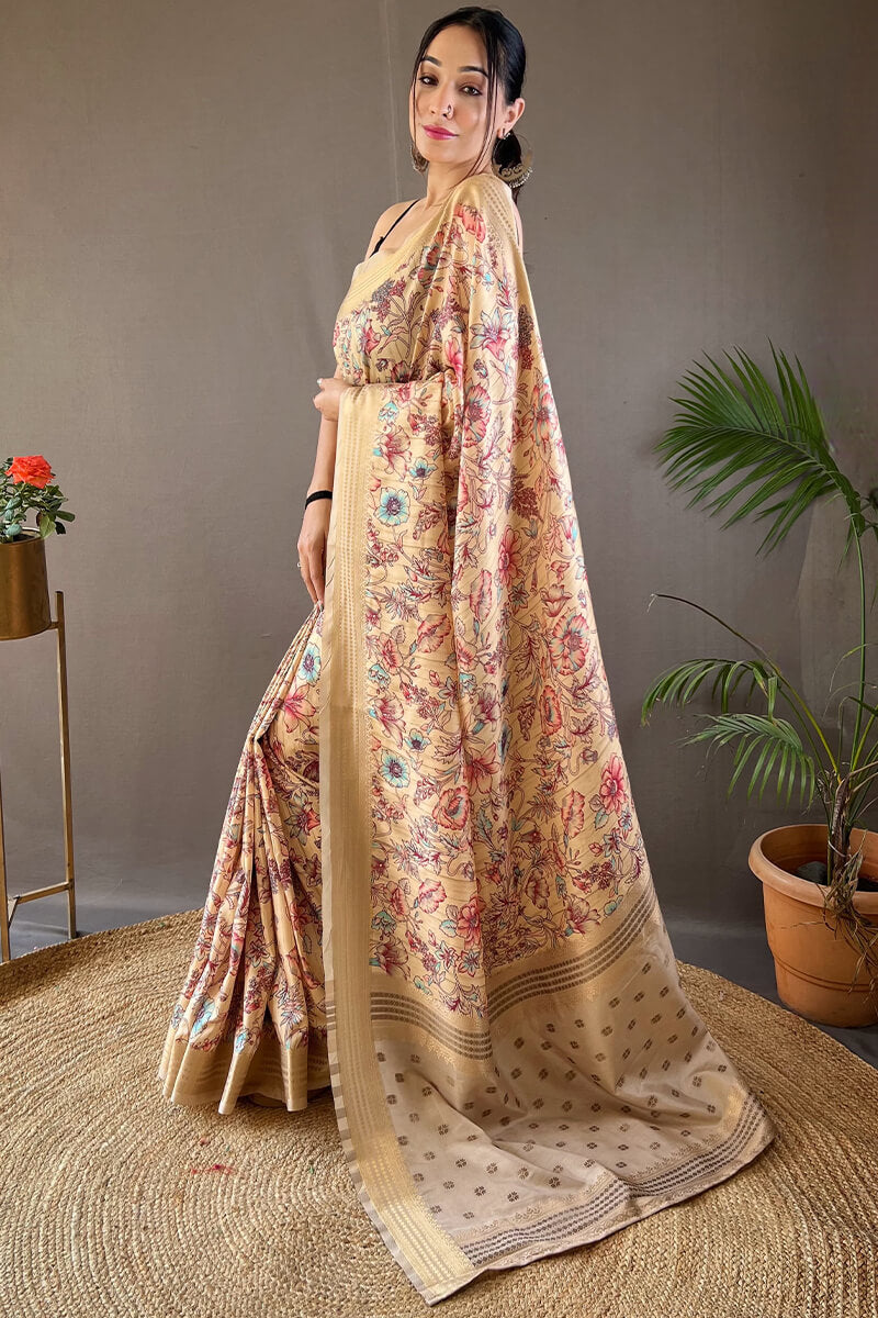 Desuetude Beige Digital Printed Soft Silk Saree With Angelic Blouse Piece