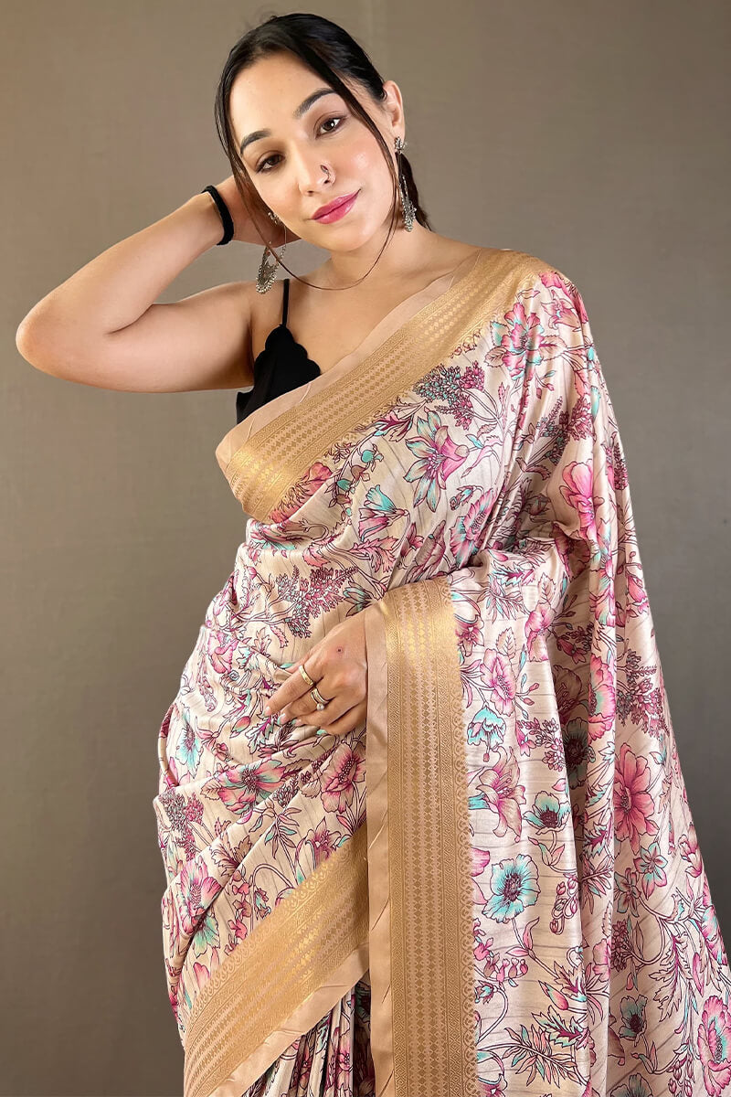 Jazzy Off White Digital Printed Soft Silk Saree With Glowing Blouse Piece