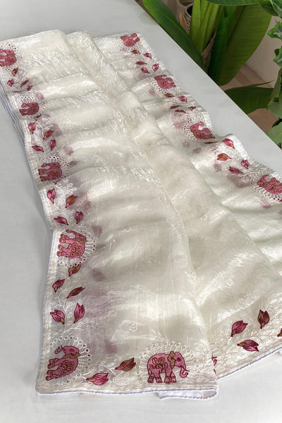 Symmetrical Off White Embroidery Work Crush Silk Saree With Imaginative Blouse Piece