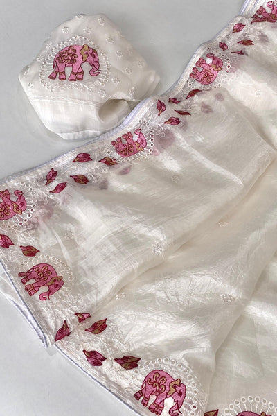 Symmetrical Off White Embroidery Work Crush Silk Saree With Imaginative Blouse Piece