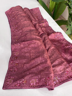 Symmetrical Pink Embroidery Work Crush Silk Saree With Imaginative Blouse Piece