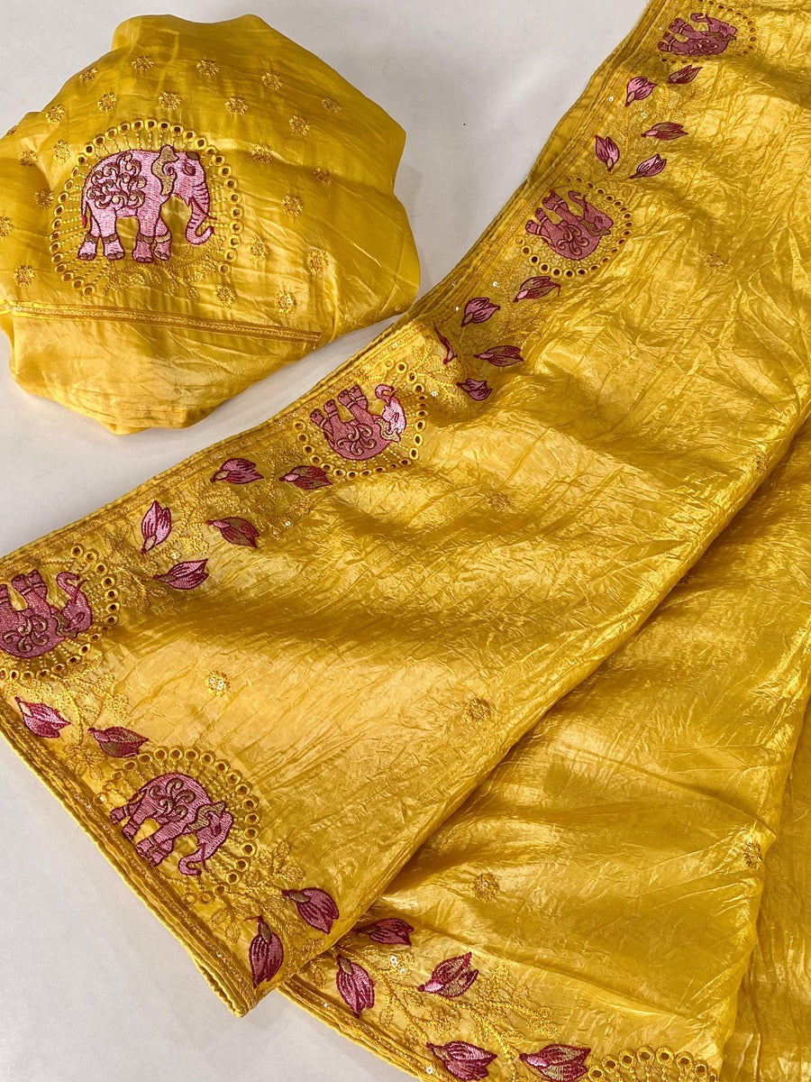 Symmetrical Yellow Embroidery Work Crush Silk Saree With Imaginative Blouse Piece