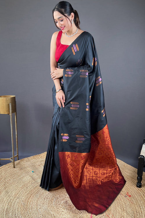 Load image into Gallery viewer, Arresting Black Soft Banarasi Silk Saree With Girlish Blouse Piece
