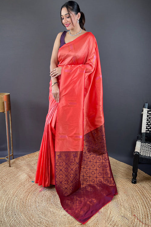 Load image into Gallery viewer, Dalliance Peach Soft Banarasi Silk Saree With Imbrication Blouse Piece
